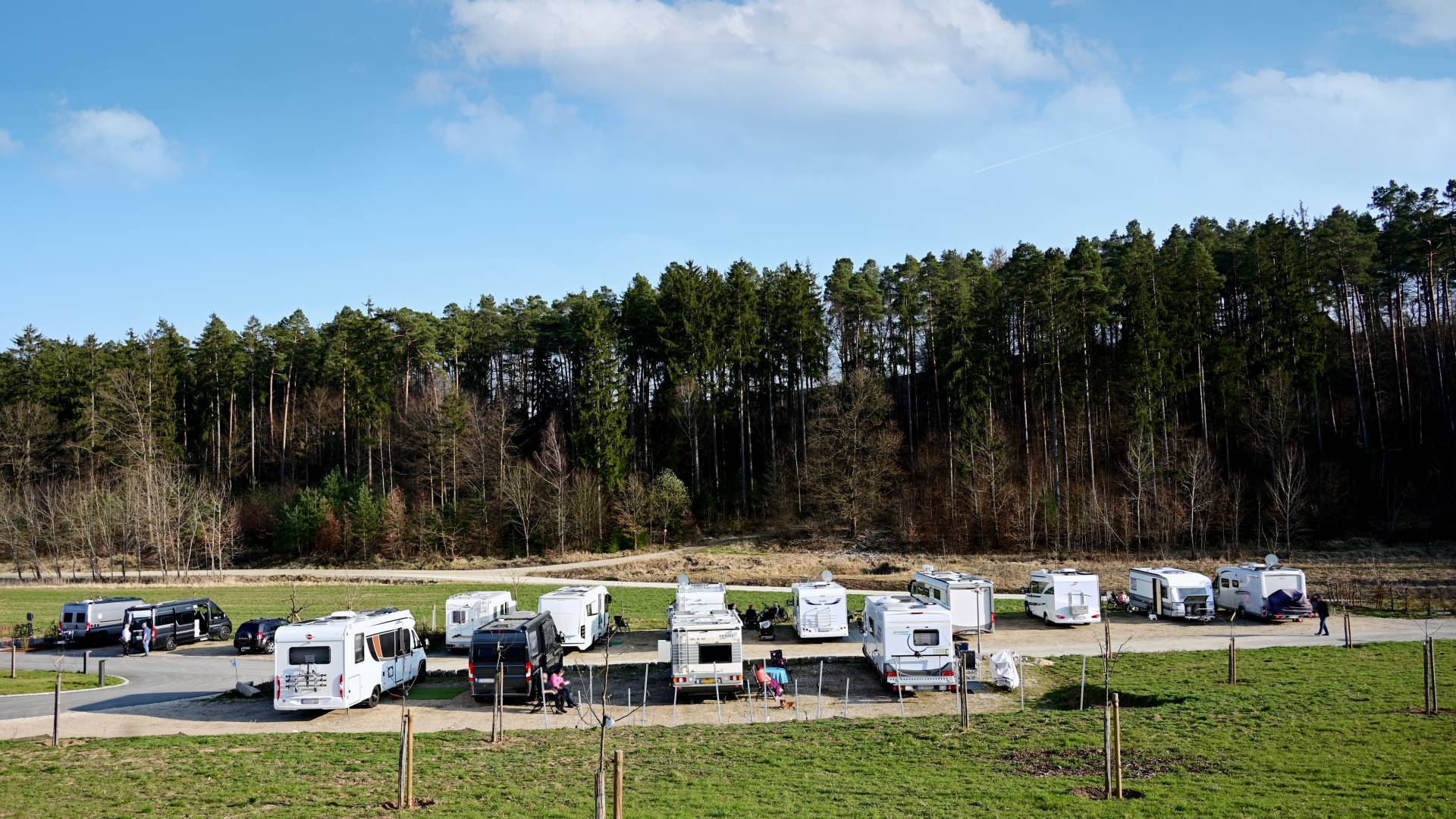 Stellplätze Wohnmobil auf einer Wiese mit Parkplatz